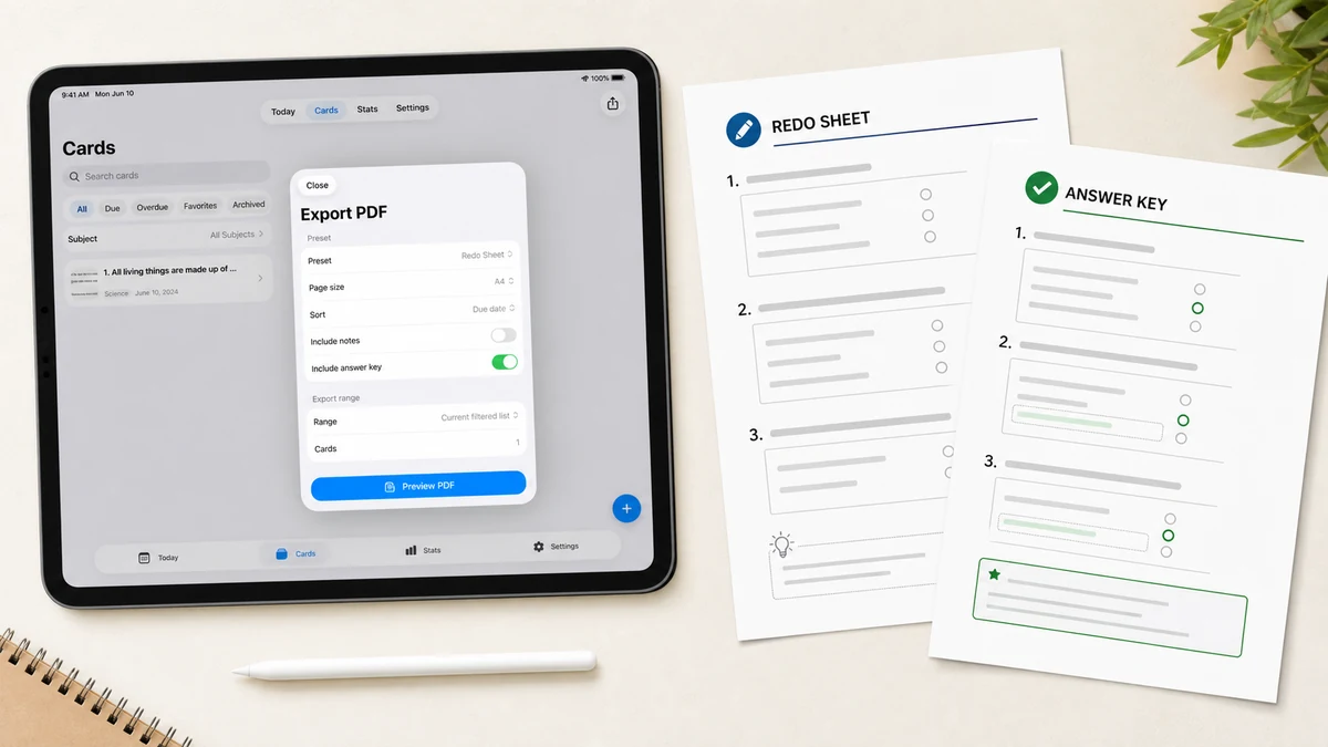 Exporting a mistake review PDF practice sheet