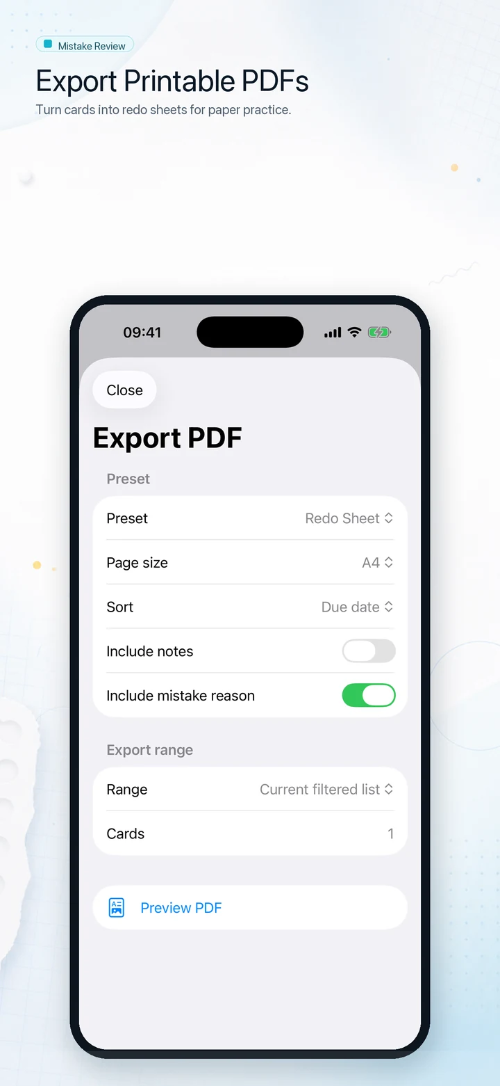 Mistake Review PDF export screen for printable practice sheets