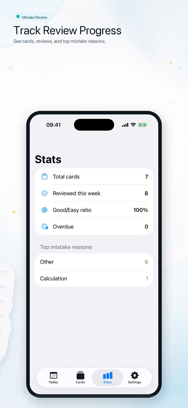 Mistake Review stats screen showing review progress