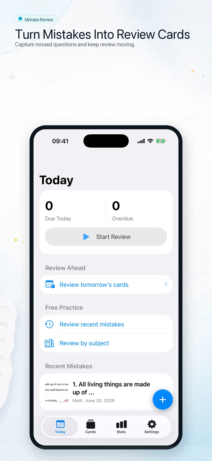 Mistake Review Today screen showing due cards and recent mistakes